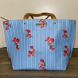Tahari Striped Floral Tote Bag Roses Blue Whie Whimsy Purse